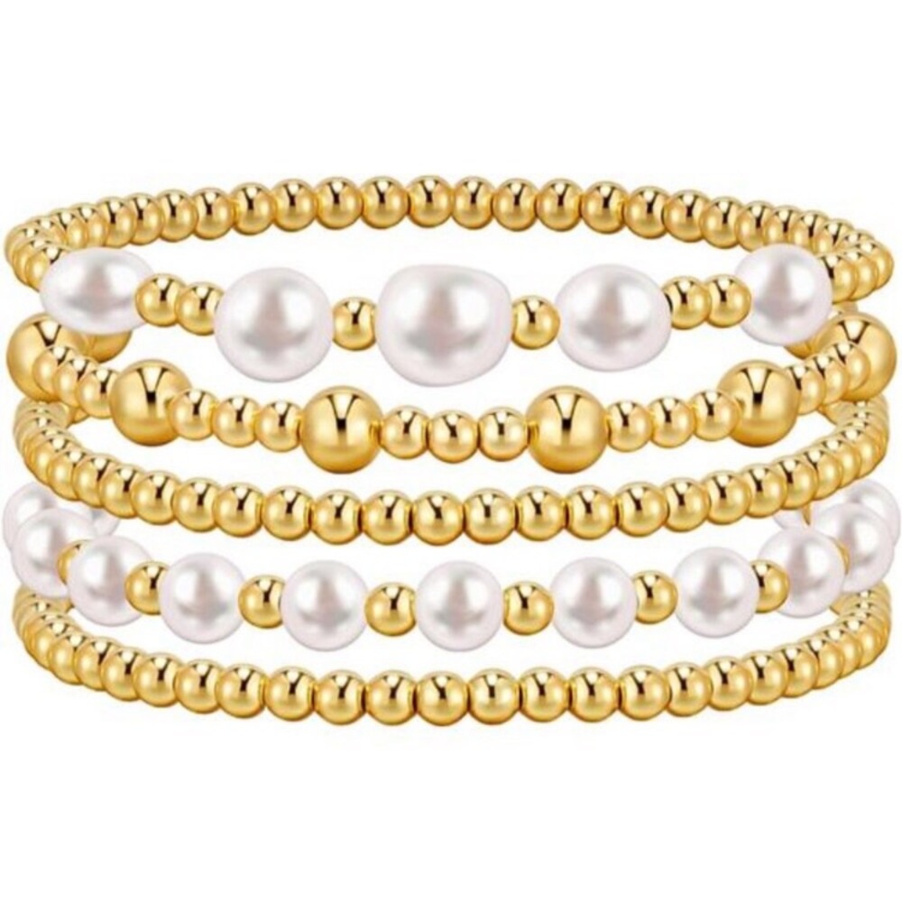 14K Gold Plated Bracelet Stack Strand Stretch Bead Ball Bracelet Set